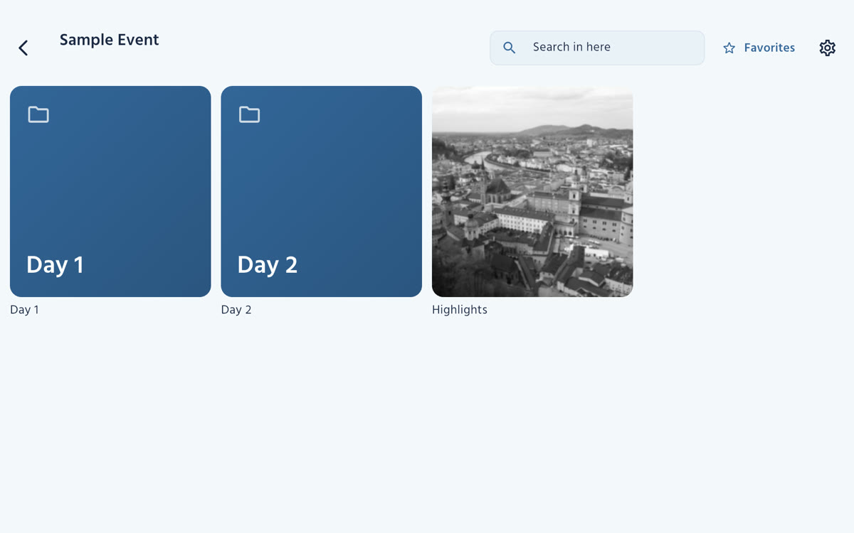 An event's folders: Day 1 and Day 2 by name, and a Highlights folder with its cover photo