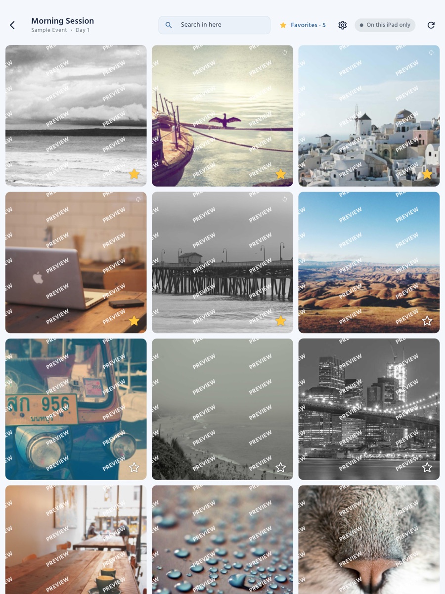 Cloutal Preview on iPad: a session's photos in a grid, each watermarked PREVIEW, with stars for favorites