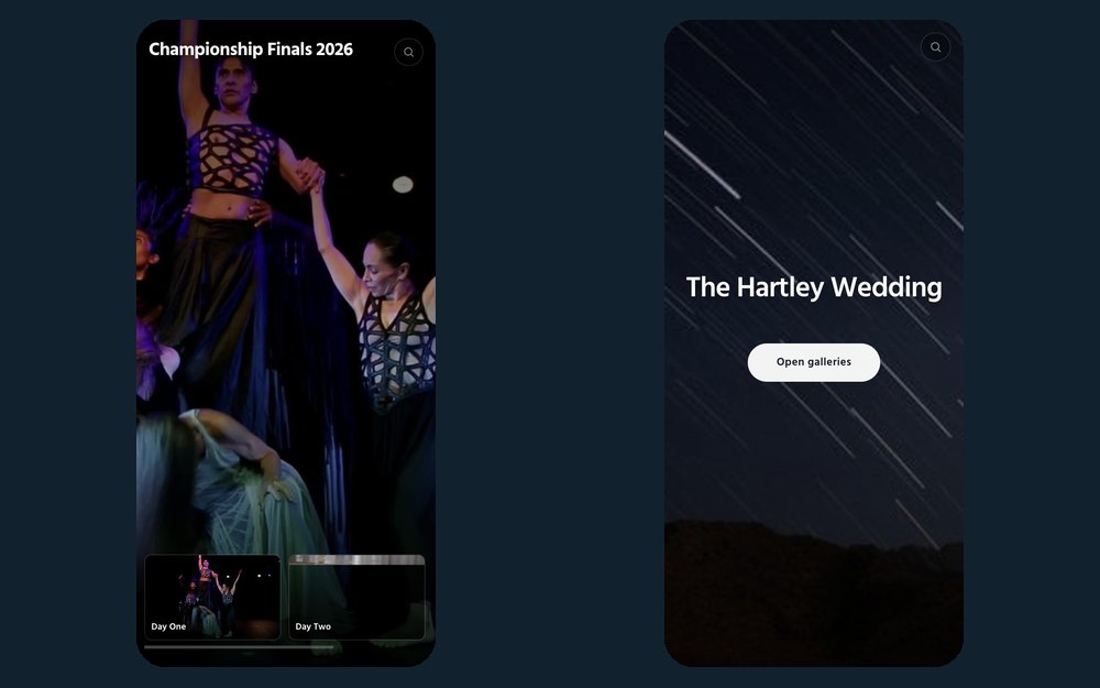Two phones showing delivered client galleries: one a video-only showcase of a competition, one an album opening on its cover photo.