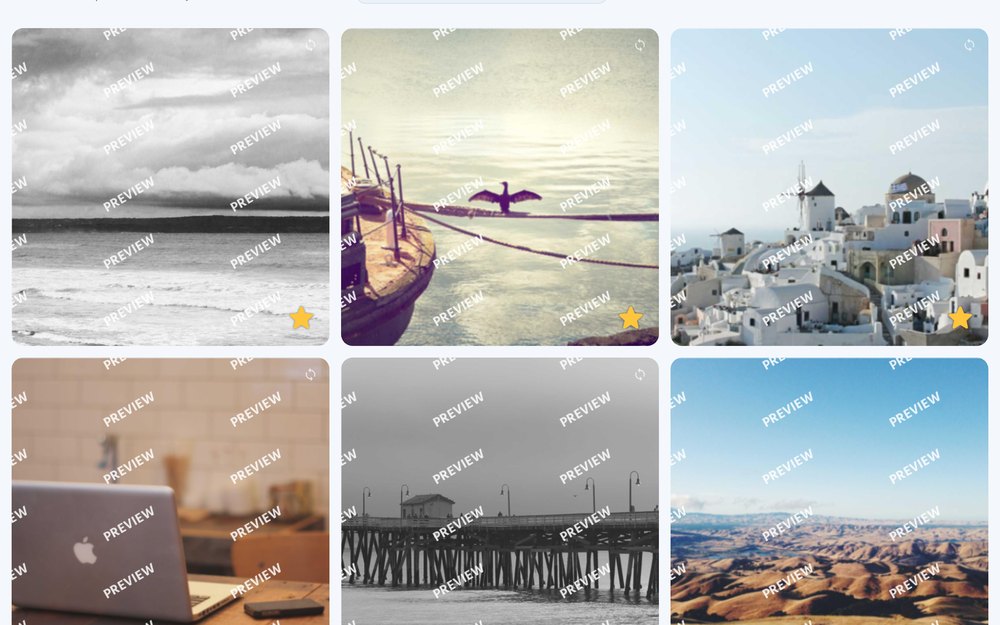 Cloutal Preview on an iPad at the booth: a watermarked grid of the event's photos, several starred as favourites.