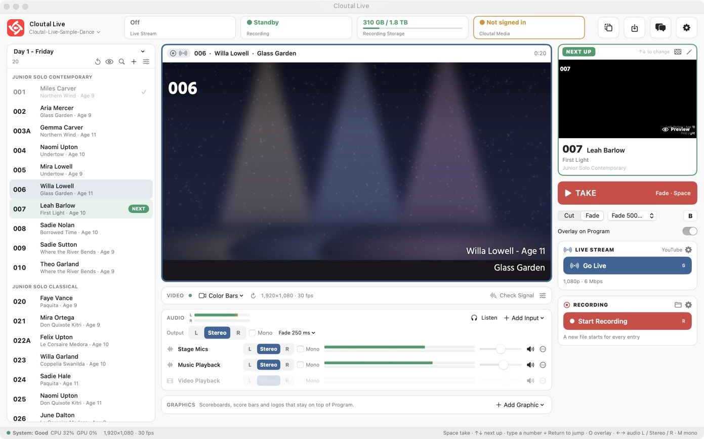 Cloutal Live during a show: the lineup on the left, the performer on Program with their number, name and routine, Next Up and the red Take button on the right, and the audio mixer below