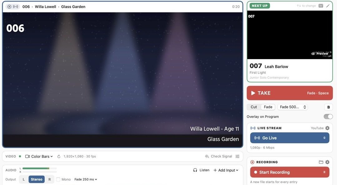 Program on the left; on the right, Next Up with the coming performer, the Take button, Cut and Fade with a fade time, the B button for Fade to Black, and the Live Stream and Recording cards