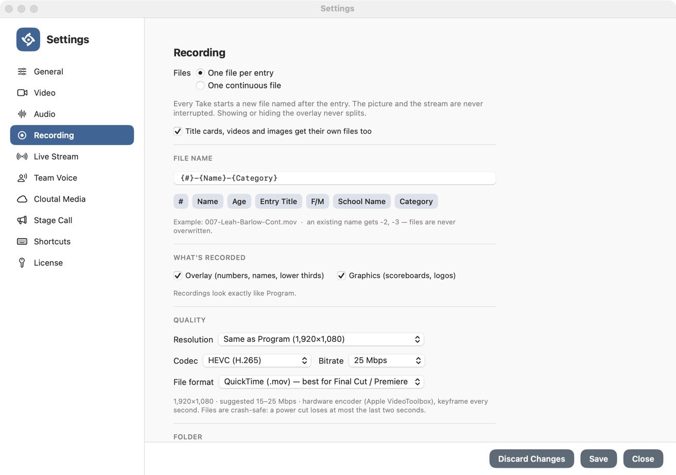 Recording settings: one file per entry, a file name built from the number, name and category, what is recorded, and resolution, codec, bitrate and file format