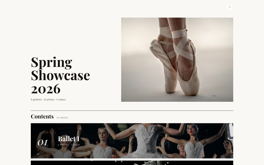 A Cloutal Media album in the Editorial design: the event's title and cover photo, its gallery and photo counts, and the contents in order.