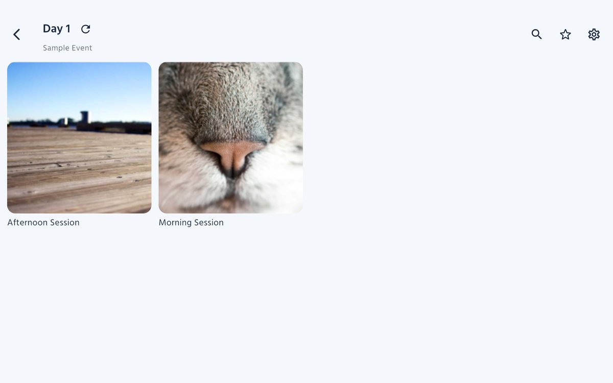A day's sessions, each with its cover photo