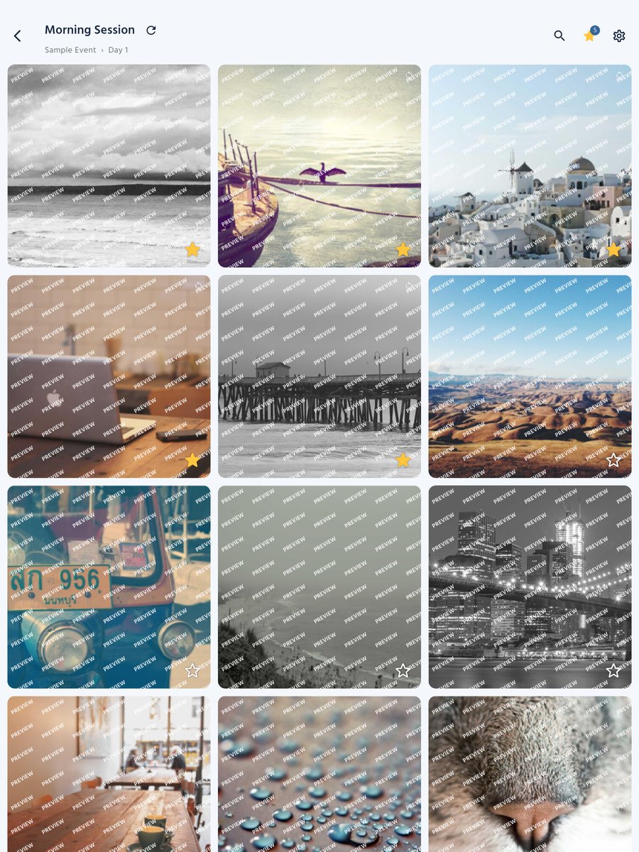 Cloutal Viewer on iPad: a session's photos in a grid, each watermarked PREVIEW, with stars for favorites